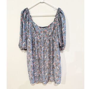 NEW Wayf puff sleeve babydoll dusty blue floral dress